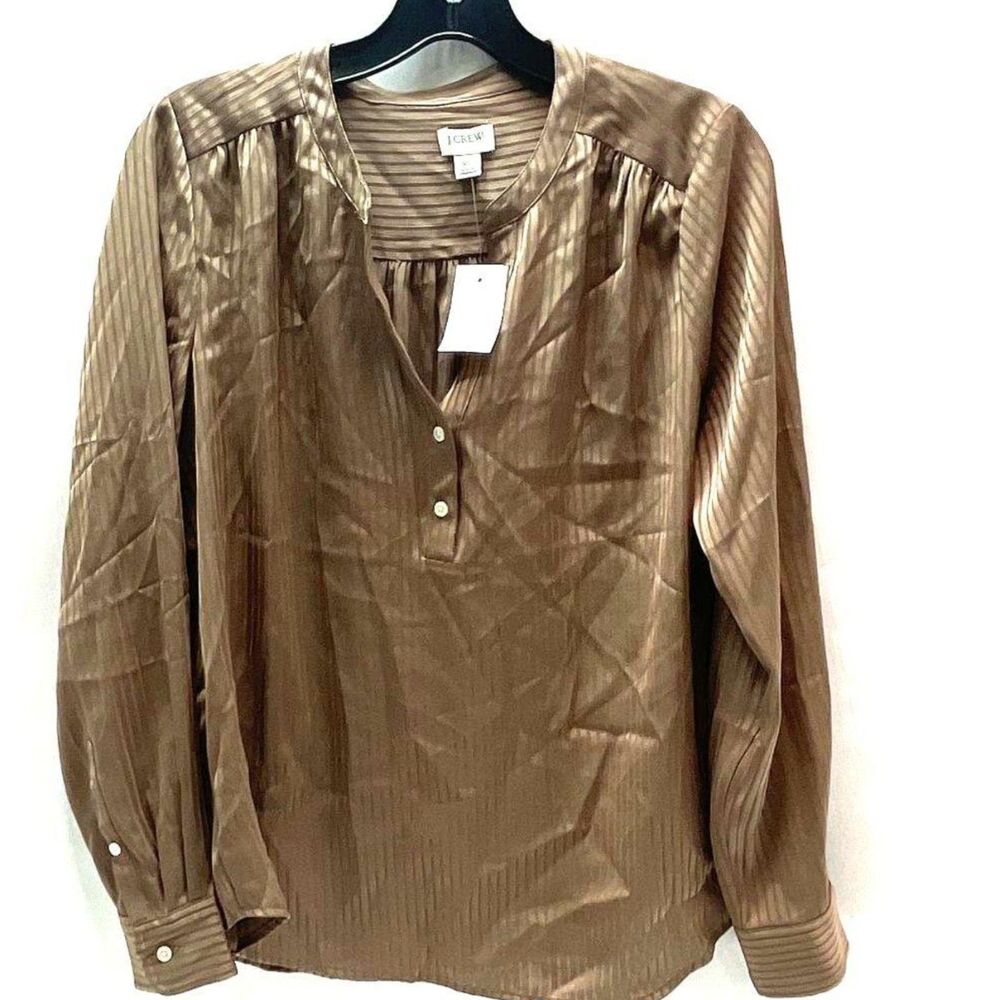 J.Crew Shadow-Striped Long-Sleeve Popover Placket Blouse Brown XS NWT